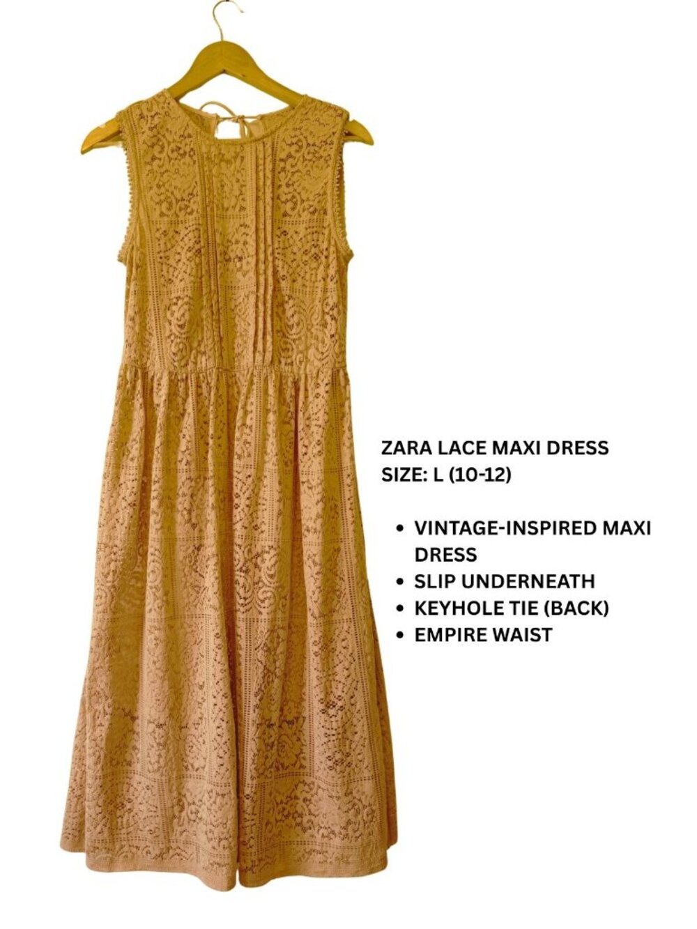 Zara Tan Lace Sleeveless Maxi Dress with Slip, Size Large